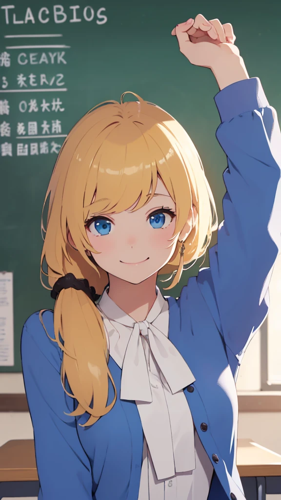 High resolution、High resolution、high quality、masterpiece、1 female、Ellen Baker、School teacher、blonde、blue eyes、Light blue suit、School classroom、Cute pose、blackboard、smile、((Depiction of only the upper body))、((Woman close up))