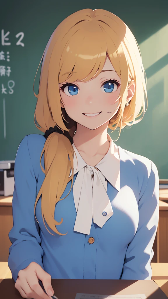 High resolution、High resolution、high quality、masterpiece、1 female、Ellen Baker、School teacher、blonde、blue eyes、Light blue suit、School classroom、Cute pose、blackboard、smile、((Depiction of only the upper body))、((Woman close up))