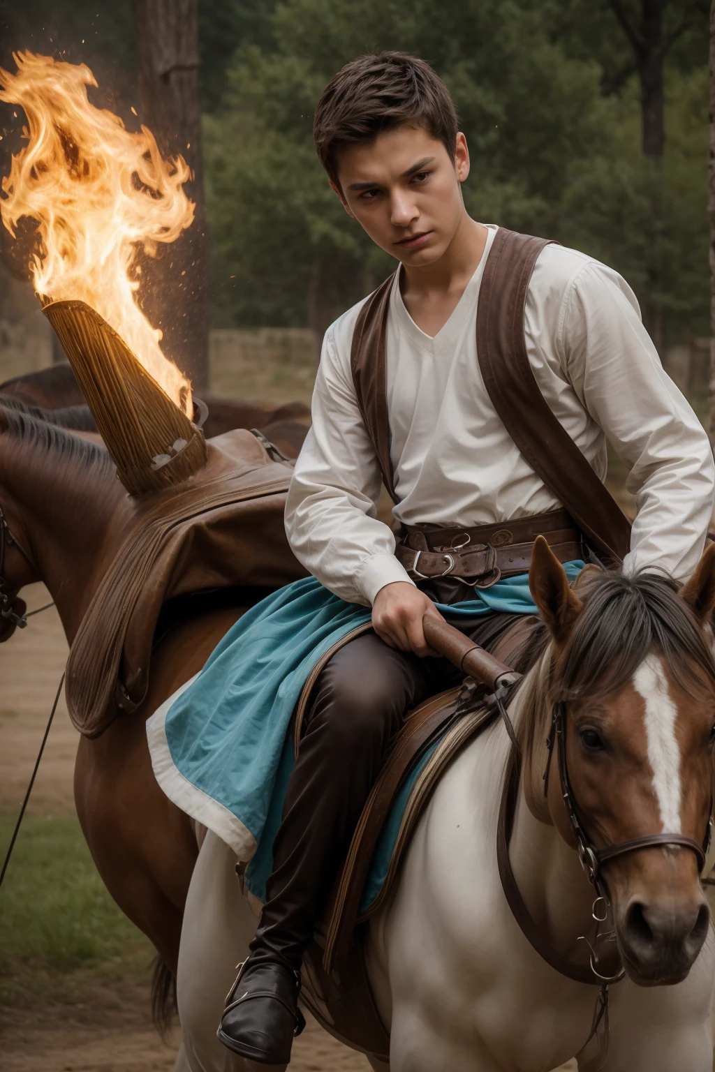 A young male twink, 18 years old, with a cute angel face, with makeup and black hair, wearing a medieval shirt with ties, a v-neck, and long sleeves, aquamarine in color, and white medieval pants. He is on the battlefield, riding on a horse, carrying a sword, and  A shield with a burning fire behind it, and he looks angrily as if a horse is galloping