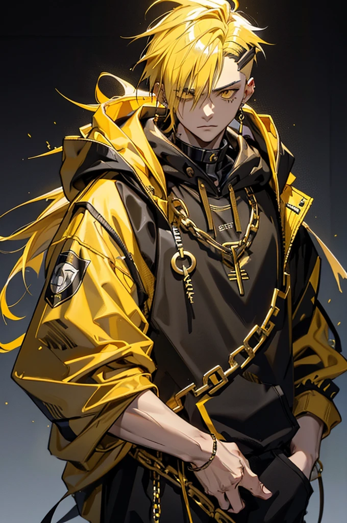 dead inside, split hair, yellow and black split hair, minimalist hoodie, teenager 16, gangsta golden chain, vomitboy haircut, hair on both sides black and yellow, split black / yellow hair, messy spiked yellow hair, handsome guy, 16 years old, long hairstyle, minimalist hoodie, gold chain, Slavic appearance, simple style, hoodie