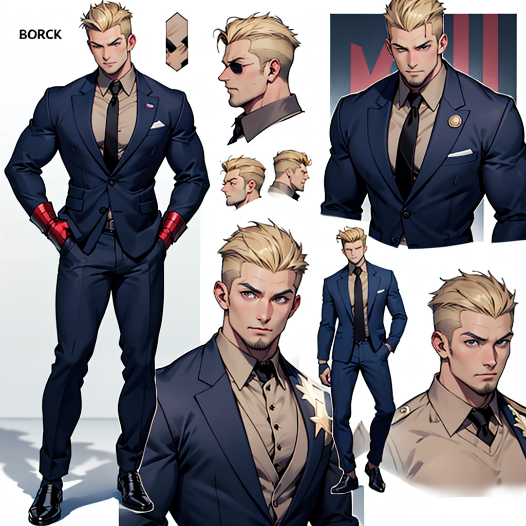 A model sheet of a muscular adult Captain America, Short blonde hair in a pompadour style in a very light tone, shaved neck. He wears a navy blue suit-style outfit., beige blouse under the suit and black tie. Wearing navy blue pants and black shoes. Using detailed gauntlets. In action and movement poses, various face angles, Facial expressions. 8 k quality.