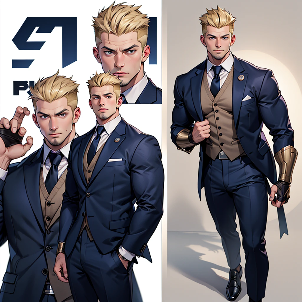 A model sheet of a muscular adult Captain America, Short blonde hair in a pompadour style in a very light tone, shaved neck. He wears a navy blue suit-style outfit., beige blouse under the suit and black tie. Wearing navy blue pants and black shoes. Using detailed gauntlets. In action and movement poses, various face angles, Facial expressions. 8 k quality.