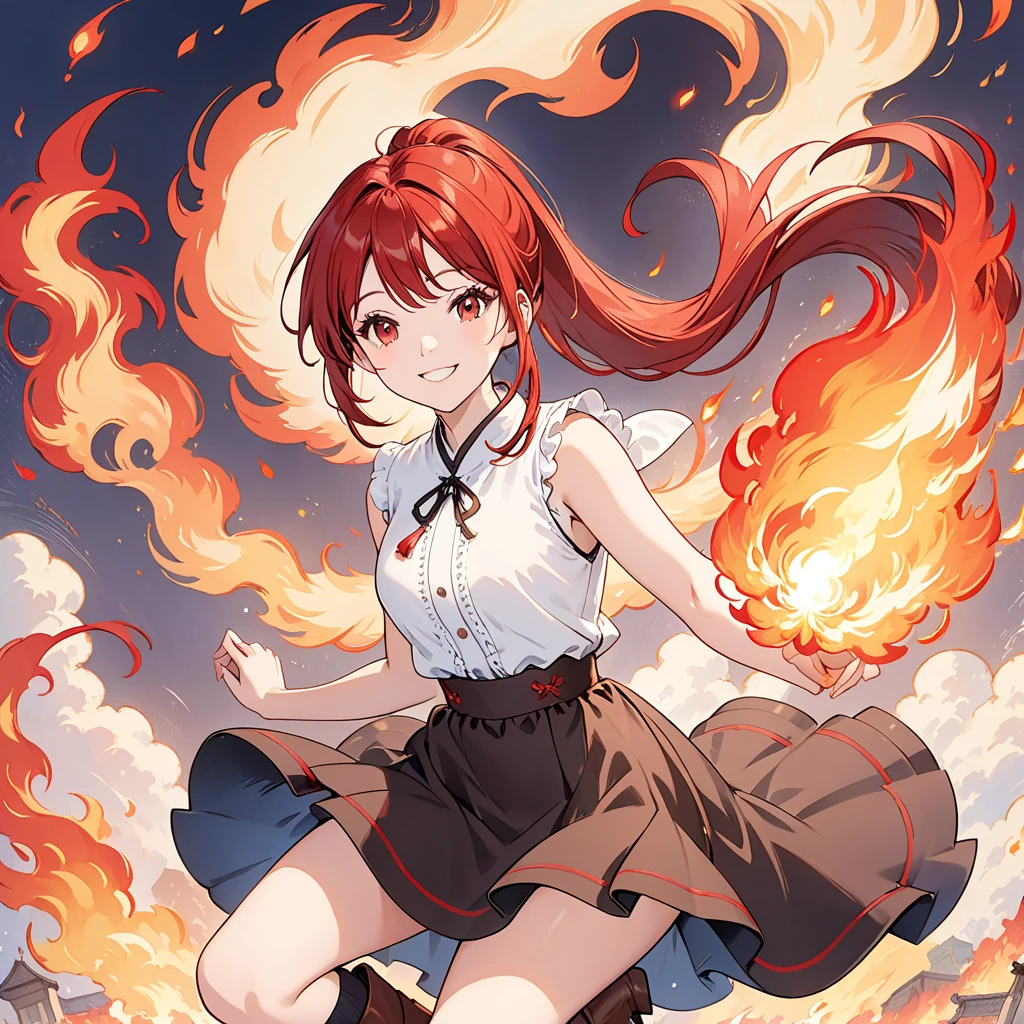 20 years old, long red hair, wears a ponytail, red eyes, always smiling. She dresses in an antique style, wearing a short brown skirt with black shorts underneath, ending above the knees. She wears knee-high brown boots. Her white blouse is sleeveless and features red details. She possesses fire powers and has a fire-themed background."