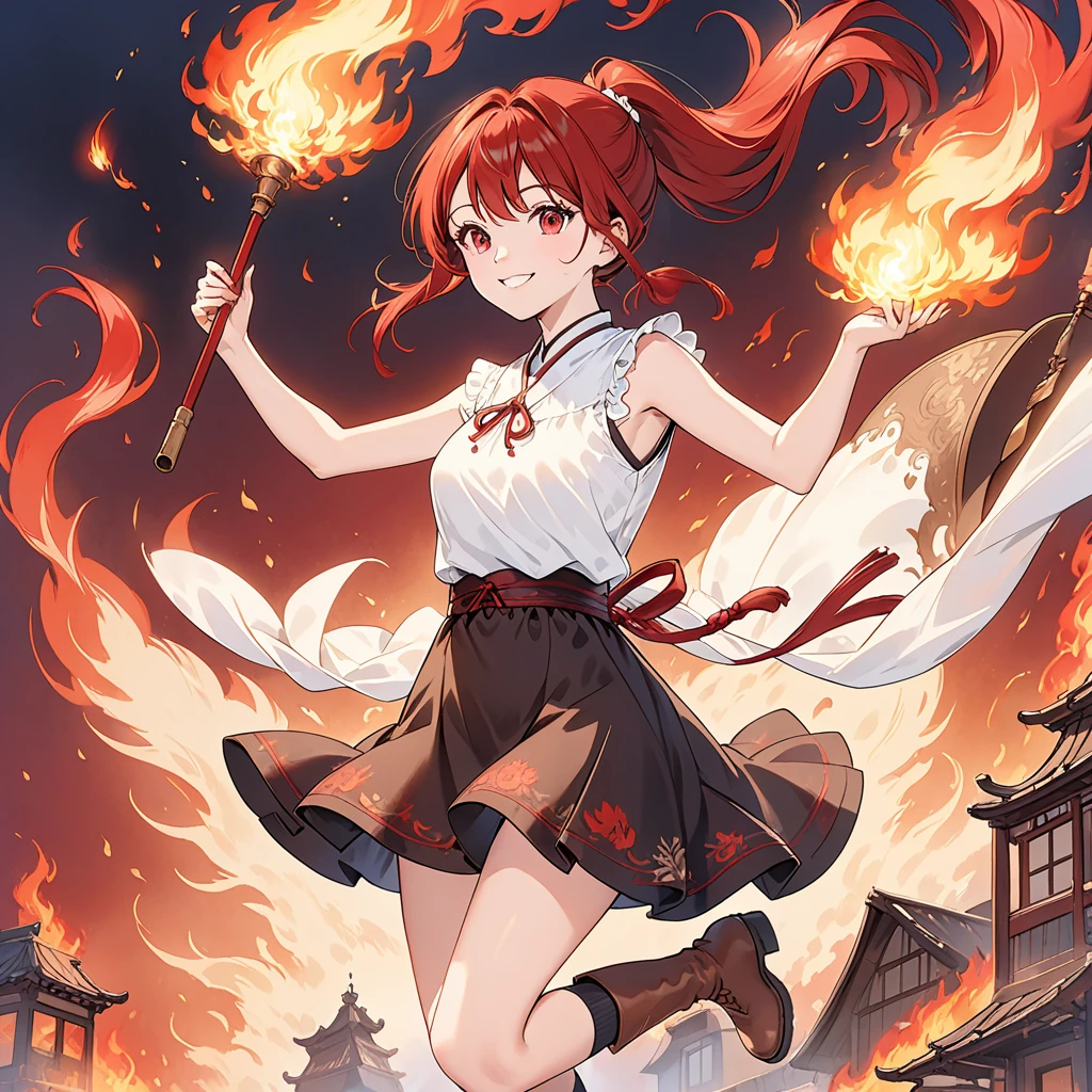 20 years old, long red hair, wears a ponytail, red eyes, always smiling. She dresses in an antique style, wearing a short brown skirt with black shorts underneath, ending above the knees. She wears knee-high brown boots. Her white blouse is sleeveless and features red details. She possesses fire powers and has a fire-themed background." 