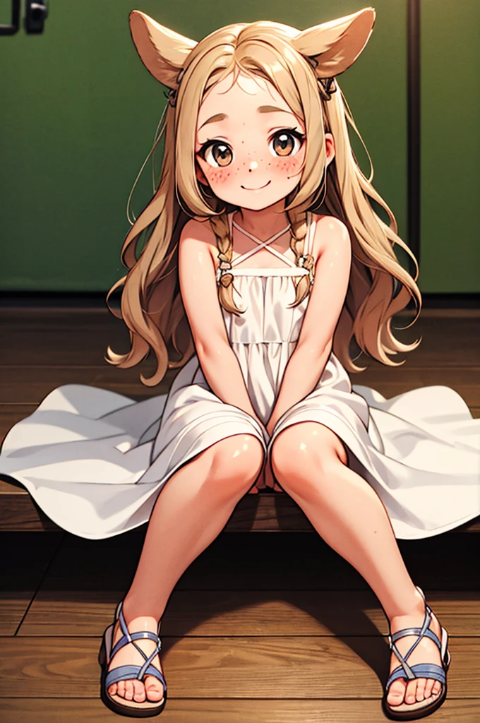 Chibi , full body , big hazel eyes , long wavy hair without bangs , blonde , white summer dress with straps , pretty sandals , blush face , sitting on the floor with a white with tan marks shihtzu dog, smiling face , cute freckles
