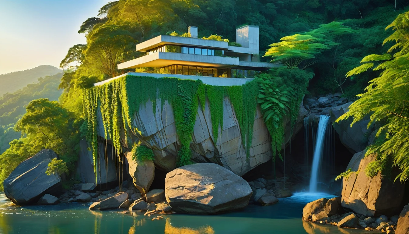 concrete structure on a rocky cliff above a flowing jungle river, with vibrant green vines draping down, under a warm golden sunset, reflecting Alex Katz's simplicity and Iwona Lifsches' detailed textures, high detail, cold blue neon color scheme, splitlight effect, profesional photography, hard shadows, high contrast