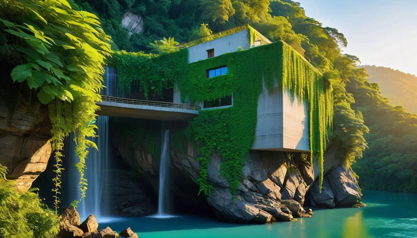 concrete structure on a rocky cliff above a flowing jungle river, with vibrant green vines draping down, under a warm golden sunset, reflecting Alex Katz's simplicity and Iwona Lifsches' detailed textures, high detail, cold blue neon color scheme, splitlight effect, profesional photography, hard shadows, high contrast