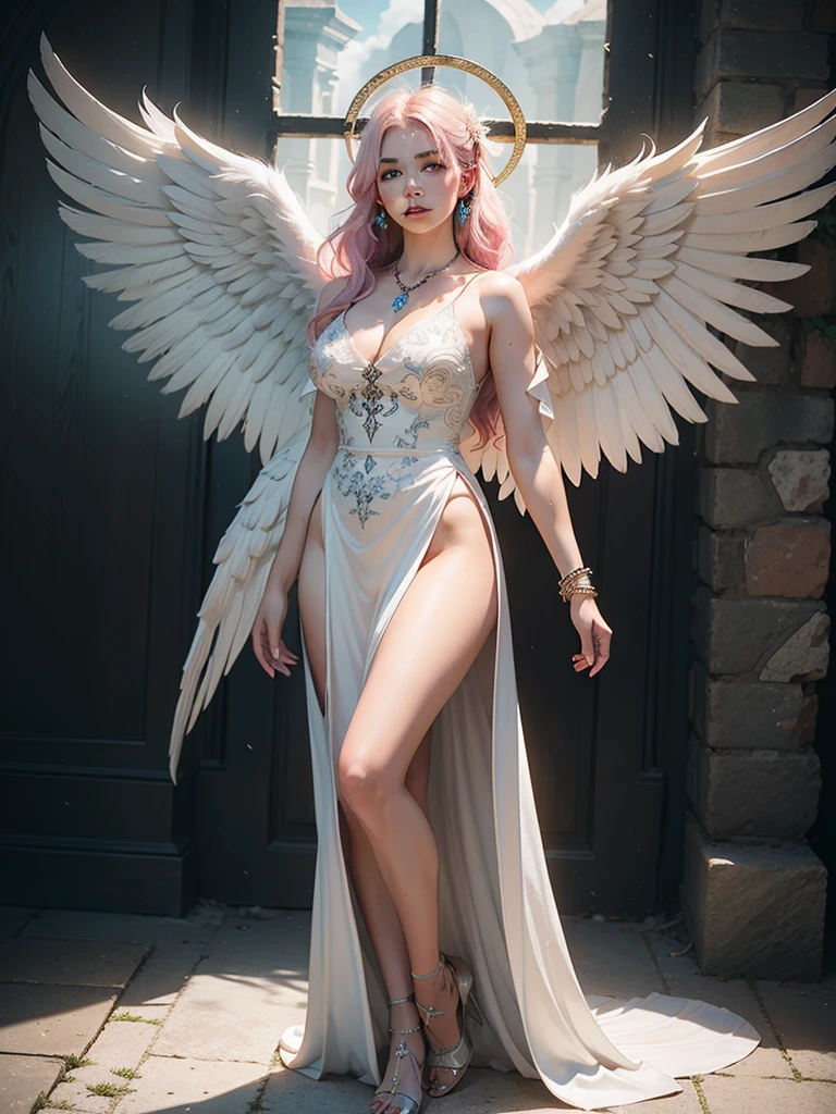 (award-winning masterpieces galore, incredibly detailed, textured and maximally detailed), (hyper realistic:1.4), (realistic:1.3), (top quality realistic textured skin), (dense perfect circle symmetrically beautifully rendered eyes), (angelic light Circle of Divine Radiance Overhead: 1.8), ((Medieval World)), (Black Angel of the Lord or White Angel of the Lord: 1.6), (Full Length Standing Image: 1.8), (Beautiful Kind Eyes), (Loving Beautiful Colored Eyes), (Magnificent Cloud Masses and Sky), (Halo Optical Phenomenon: 1.3), (Dramatic light), (majestic scene), (so beautiful in its expression of serenity and tenderness), ((big old wings with pure white feathers behind shoulders)), flower earrings on ears, (((dramatic photo))), (twilight), (sunset), (dusk), (sacred pose)), (pink hair), (chestnut hair ), flower garden, (elaborately crafted necklace around her neck), old ruins infested with plants, great temple, cathedral, ruins of temple, temple away from temple, (glowing magic circle), ruins of ancient castle, deserted ruins, crumbling ruins, ancient ruins with clear water, holy light, epic realistic, ((neutral color )), (HDR:1.5), (subdued colors:1.2), highly detailed, cinematic, warm light, dramatic light, (complex details:1.1), complex background, petals, pastel colors、Window