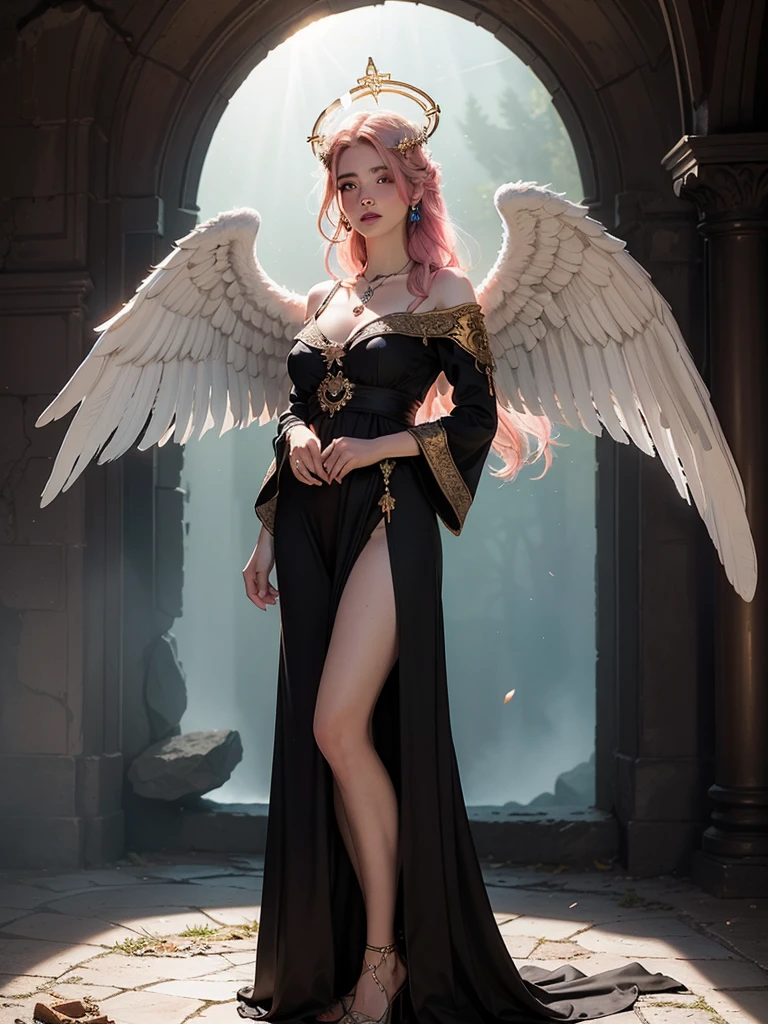 (award-winning masterpieces galore, incredibly detailed, textured and maximally detailed), (hyper realistic:1.4), (realistic:1.3), (top quality realistic textured skin), (dense perfect circle symmetrically beautifully rendered eyes), (angelic light Circle of Divine Radiance Overhead: 1.8), ((Medieval World)), (Black Angel of the Lord or White Angel of the Lord: 1.6), (Full Length Standing Image: 1.8), (Beautiful Kind Eyes), (Loving Beautiful Colored Eyes), (Magnificent Cloud Masses and Sky), (Halo Optical Phenomenon: 1.3), (Dramatic light), (majestic scene), (so beautiful in its expression of serenity and tenderness), ((big old wings with pure white feathers behind shoulders)), flower earrings on ears, (((dramatic photo))), (twilight), (sunset), (dusk), (sacred pose)), (pink hair), (chestnut hair ), flower garden, (elaborately crafted necklace around her neck), old ruins infested with plants, great temple, cathedral, ruins of temple, temple away from temple, (glowing magic circle), ruins of ancient castle, deserted ruins, crumbling ruins, ancient ruins with clear water, holy light, epic realistic, ((neutral color )), (HDR:1.5), (subdued colors:1.2), highly detailed, cinematic, warm light, dramatic light, (complex details:1.1), complex background, petals, pastel colors、Window