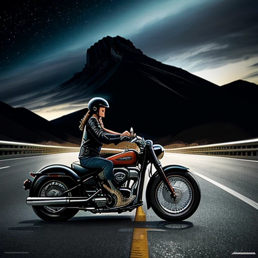 female, short messy black hair, aviator sunglasses, cigarette in mouth, black leather jacket, worn jeans, leather boots, riding an indian motorcycle, desert landscape, sun above, bike gang