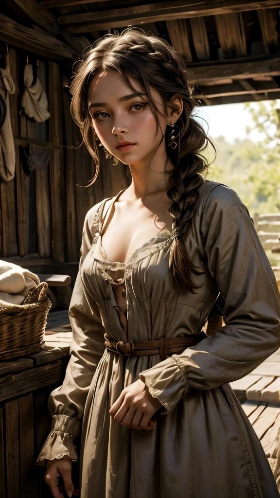 1 peasant girl, solo focus, smaller head, serene eyes, thin lips, dark braided hair, fashion hair, light brown eyes, medium breasts, cleavage, fit body,  pauper dress,  costume, laundry poses, masterpiece, ultra HD, raw photos, detailed skin textures, detailed face, detailed hair, perfect hands, cowboy shot, hut background, Ela sempre sonhara em ser uma guerreira