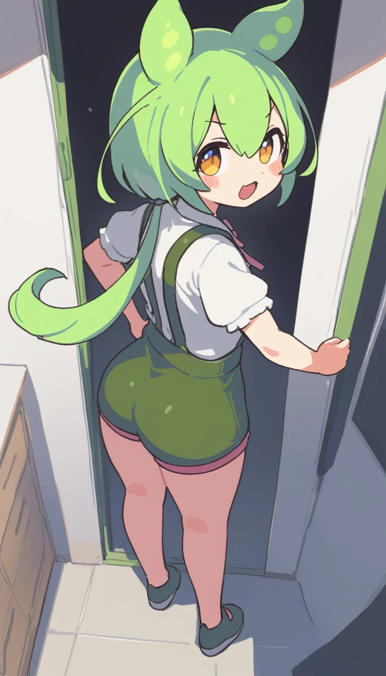 1girl,zundamon,voicevox ,green hair, blush stickers, animal ears,white shirt, short sleeves, long hair, suspender shorts,shorts, puffy sleeves, low ponytail, hair ears,
from above, full body, looking back, determined, by classroom window, open mouth,
masterpiece, best quality,