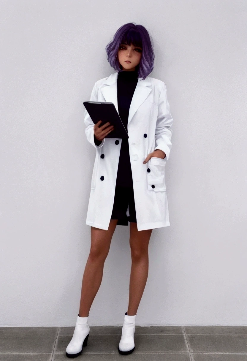 arafed woman in a White coat，Black shorts，White shirt, White coat, dressed in an old White coat, Multi-pocket windbreaker, wearing a white Laboratory work clothes, wearing Laboratory work clothes, Laboratory work clothes, Short skirt and long jacket, wearing a Laboratory work clothes, , Laboratory work clothes, wearing Laboratory work clothes and a blouse, wearing a Laboratory work clothes，