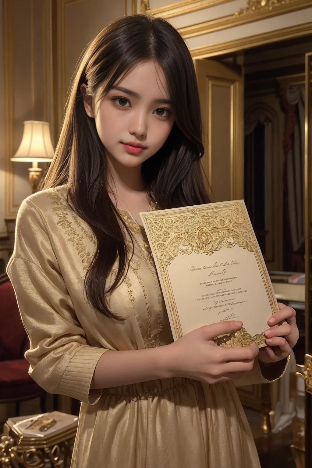 A cinematic, high-quality photo of a young woman holding an antique, handwritten party invitation. The room is dimly lit, with a warm, golden hue casting a soft glow on her face as she reads the intricate lettering. The invitation features a beautifully designed, ornate border, hinting at a grand and mysterious event. The overall atmosphere is enchanting and captivating, drawing the viewer into the story of the party and the secrets it holds.