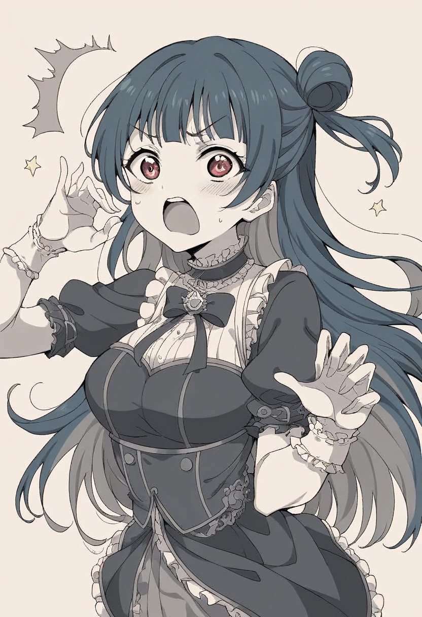 Please draw Tsushima Yoshiko (Yohan), a character from the anime "Love Live! Sunshine!!". She is in her signature dark angel pose, shouting her catchphrase, "Fallen angel Yohane has descended!" Her outfit should be dark gothic ta style, with a black and purple design. In the background, a full moon and stars shining in the night sky create a mysterious atmosphere. The overall style should have vivid, clear lines and colorful colors in the anime style. Oil painting style, dark and heavy colors, unnatural poses and expressions, rough brushstrokes, futuristic gadgets and sci-fi elements, monochrome and sepia tones.