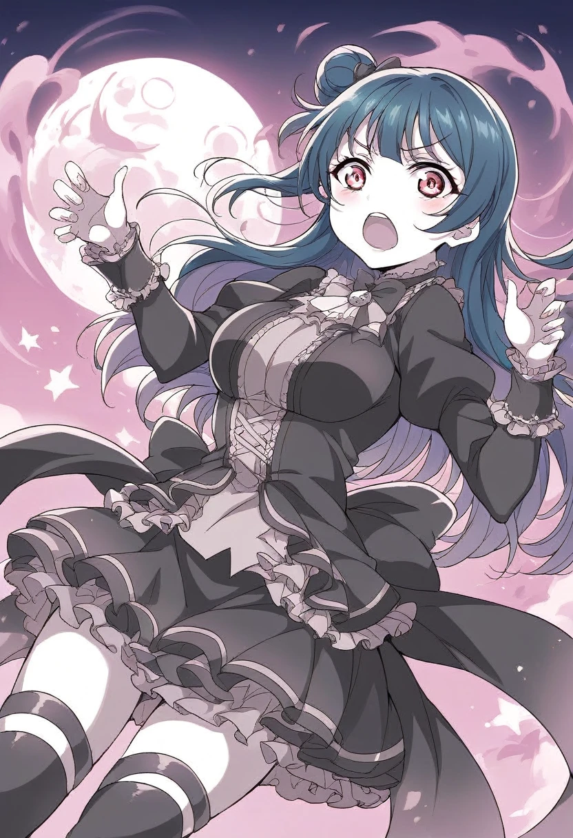 Please draw Tsushima Yoshiko (Yohan), a character from the anime "Love Live! Sunshine!!". She is in her signature dark angel pose, shouting her catchphrase, "Fallen angel Yohane has descended!" Her outfit should be dark gothic lolita style, with a black and purple design. In the background, a full moon and stars shining in the night sky create a mysterious atmosphere. The overall style should have vivid, clear lines and colorful colors in the anime style. Oil painting style, dark and heavy colors, unnatural poses and expressions, rough brushstrokes, futuristic gadgets and sci-fi elements, monochrome and sepia tones.