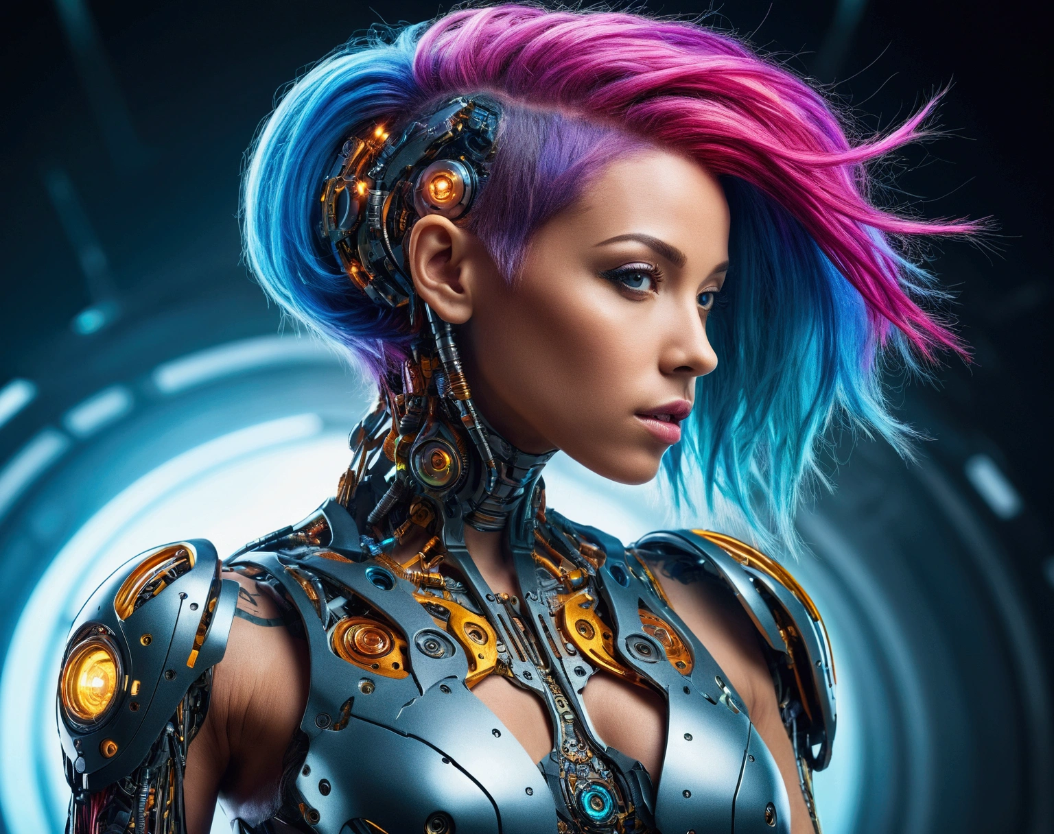"A stunning, beautiful woman with colorful hair, High resolution photo capturing the essence of a futuristic cyborg with intricate details and dynamic angles showing the entire body."