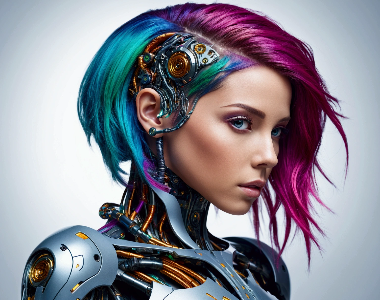 "A stunning, beautiful woman with colorful hair, High resolution photo capturing the essence of a futuristic cyborg with intricate details and dynamic angles showing the entire body."
