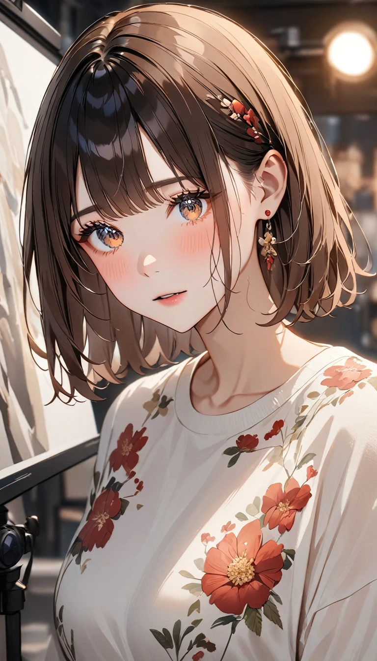 Portraiture、masterpiece:1.3、One Girl、Baby Face、Natural look、very cute、Brown Hair、Short Bob、small red earrings、Fuller lips、No makeup、White T-shirt、Focus on the face、最high quality、High resolution、Very detailed、high quality、Detailed explanation、８ｋ、(((Blurred Background、White wall、White Background、White world、Flower Illustration、Flower Illustrationの壁、壁にFlower Illustration、Flower Illustrationが描いてある壁、Photo studio:1.5、Cinema Lighting、Professional Photographer)))