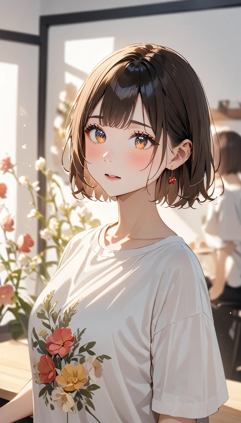 Portraiture、masterpiece:1.3、One Girl、Baby Face、Natural look、very cute、Brown Hair、Short Bob、small red earrings、Fuller lips、No makeup、White T-shirt、Focus on the face、最high quality、High resolution、Very detailed、high quality、Detailed explanation、８ｋ、(((Blurred Background、White wall、White Background、White world、Flower Illustration、Flower Illustrationの壁、壁にFlower Illustration、Flower Illustrationが描いてある壁、Photo studio:1.5、Cinema Lighting、Professional Photographer)))