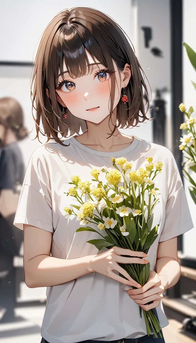 Portraiture、masterpiece:1.3、One Girl、Baby Face、Natural look、very cute、Brown Hair、Short Bob、small red earrings、Fuller lips、No makeup、White T-shirt、Focus on the face、最high quality、High resolution、Very detailed、high quality、Detailed explanation、8k、(((Blurred Background、White wall、White Background、White world、Flower Illustration、Flower Illustrationの壁、壁にFlower Illustration、Flower Illustrationが描いてある壁、Photo studio:1.5、Cinema Lighting、Professional Photographer)))