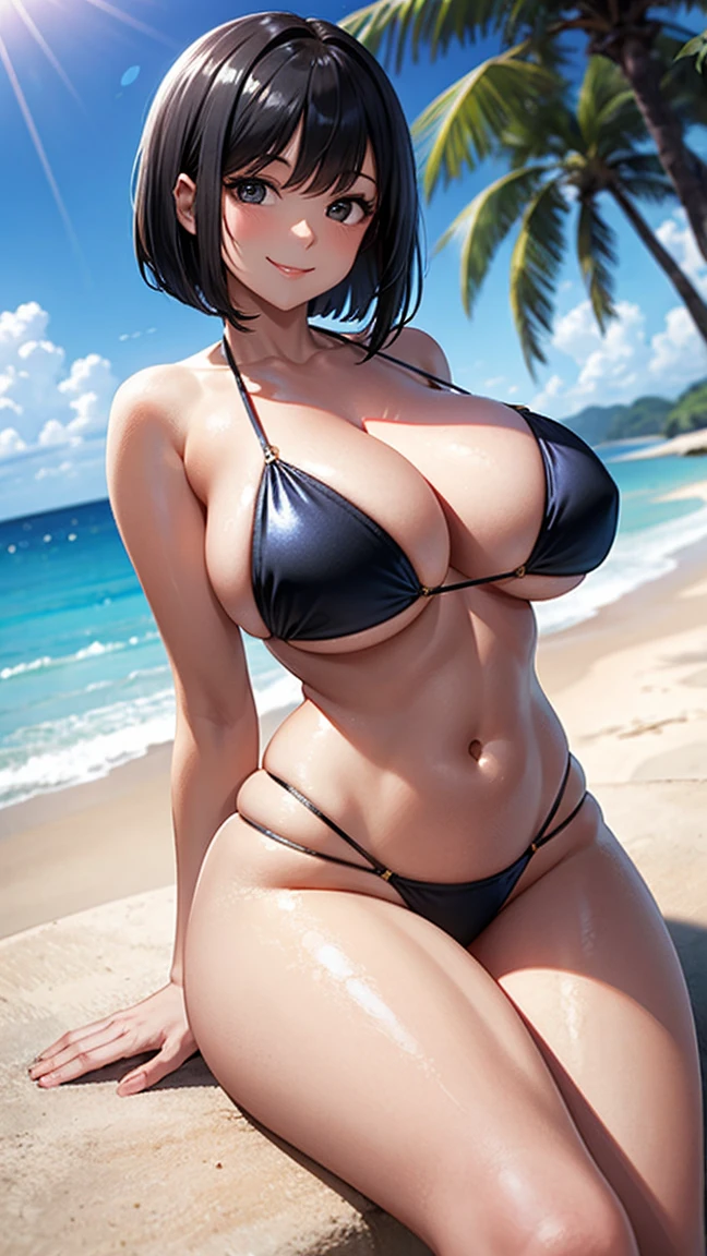 (high resolution), 1girl, woman, mature female, housewife, milf, 40 years old, (curvy woman:1.4), (smile:1.6), (evil grin, light smile:0.5), (shiny skin, glistening skin, high gloss skin:1), (Glossy metallic bikini:1.3), (gigantic breasts:1.2), solo, black hair, middle hair, bob cut, black eyes, looking at viewer, arms behind back, tree shade, sitting on a picnic mattress in the beach.