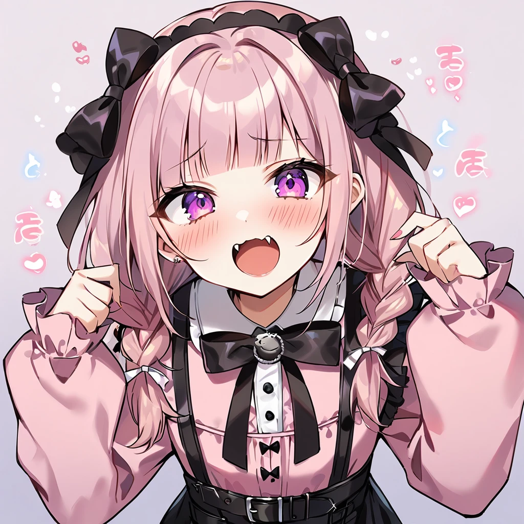 Top quality, masterpiece,a girl and a female,
, peal purple and blunt bangs hair, twin braids, eyes closed, mouth wide open and screaming, blushing, smilng,fangs,(a girl with closs hair pin,
pink shirt,cosplay, jirai kei, bangs, black skirt, black bow, looking at viewer, bow, long sleeves, choker, ribbon,:1.4),A girl being examined by a female doctor in a white coat,