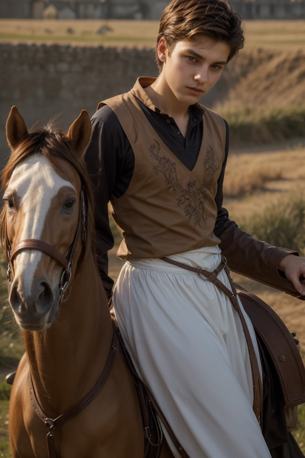 A young male twink, 19 years old, with a cute, angelic face, with makeup and black hair, wearing a medieval shirt with ties, a v-neck, and long sleeves, aquamarine in color, and white medieval pants. He is on the battlefield, riding on a horse, carrying a sword, and Shield and looks angrily as if a horse is galloping
