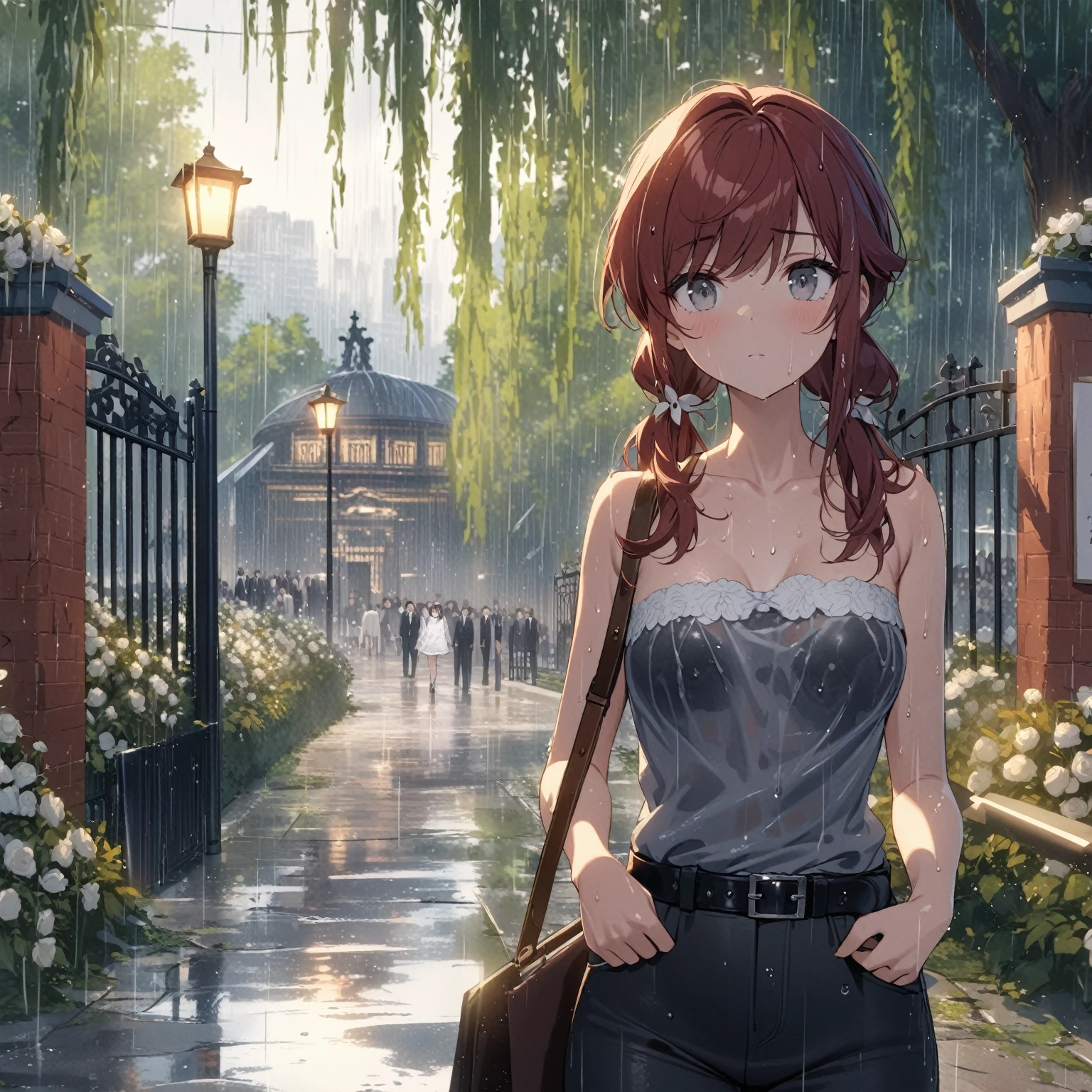 Best quality, masterpiece, light particles, slate colors, short young woman with dark red hair in low twin tails, swept bangs, gray eyes, stoic, shadow covering eyes, funeral, strapless gray shirt with white trim, black jeans, black belt, white flowers, gate, people in background, rain, wet clothes, wet skin
