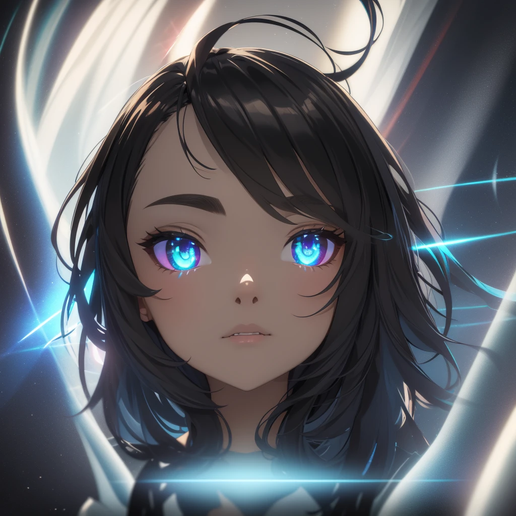 {{masterpiece}}, Best Quality, Extremely detailed CG unity 8k wallpaper, cinematic lighting, Lens flare, Beautiful eye details, negro, side glance, multicolored hair, showy light, particles, heterochromia, (showy:1.5), (showy hair:1.5),