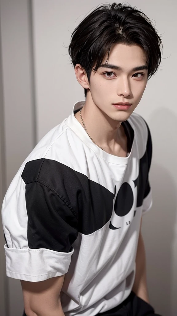 ((best quality)), (detailed), perfect face, 19-year-old man with a very attractive physique. He stands 180 cm tall, giving off a strong and dignified impression. His fair skin complements his clean and healthy appearance. His smile is incredibly beautiful, with neatly aligned teeth and symmetrical lips that mesmerize anyone who sees him. His hair is black, styled in a comma hair fashion featuring a curved bang resembling a comma, adding a modern and stylish flair to his look. Notably, there is a noticeable scar on the edge of his eyebrow if closely observed.