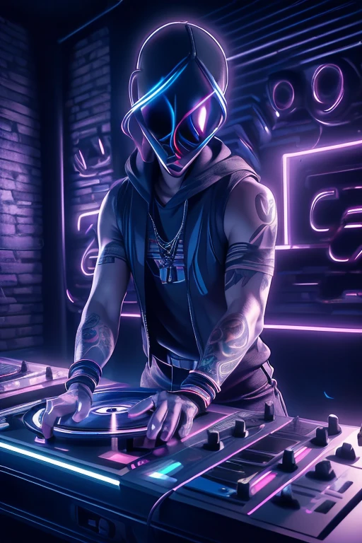 (Highly detailed CG Unity 8k wallpaper), The most beautiful works of art in the world,A blindfolded man is playing a game,((Slender body:1.5)), Portrait of Tadashi Nakayama, Flicker, funk art, Turntablist, portrait of lucha libre DJ, turntablism DJ scratching,  Lots of tattoos,(Holding a cigarette),Large crowd in the background,Party Time,DJ, DJ set, DJ rave party, DJ at a , Photo of three laborers, ((Highly detailed skin and facial textures:1.3, Ultra detailed face, Detailed arms, Beautiful attention to detail)),DJ sura, DJing with DJ turntables