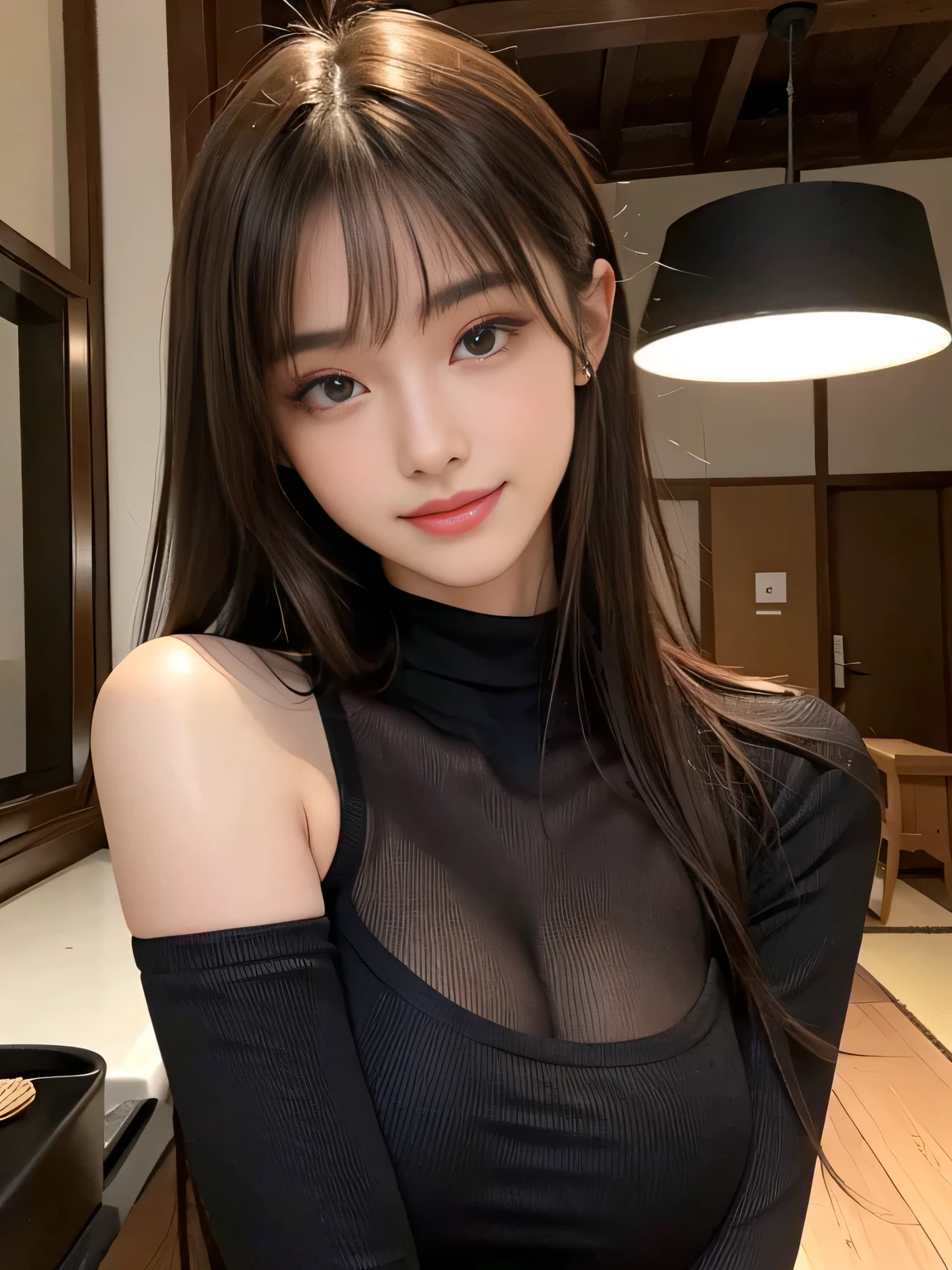 masterpiece, best quality, ultra-detailed, intricately detailed hyperdetailed, realistic, sharp features, highly detailed, sharp focus, (18 years old:1.3), perfect face, perfect symmetrically eyes, perfect full lips, hyper detailed, hyper realistic, high resolution, Fashion Model, Slender, Japanese Idol, Stylish, Realistic, Photorealistic:1.3, Beautiful Face, POV shot, light brown hair, messy hair, asymmetrical bangs, Neat clothes, (smile), (tight fitting Black tops:1.2),