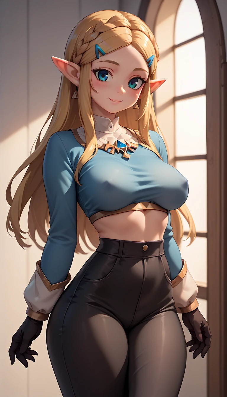 High resolution, Very detailed, perfect lighting, beautiful detailed eyes,   ((masterpiece,Best Quality)), absurdities, alone,     princess zelda, by the width, crown braid, Hair clip, pointy ears, blue shirt, long sleeves, Gloves without fingers, black gloves, Black pants, tight pants, smile, curves, nod,   ,  deep neckline, deep neckline, bare breasts, bare breasts, NSFW, visible nipples, visible nipples 