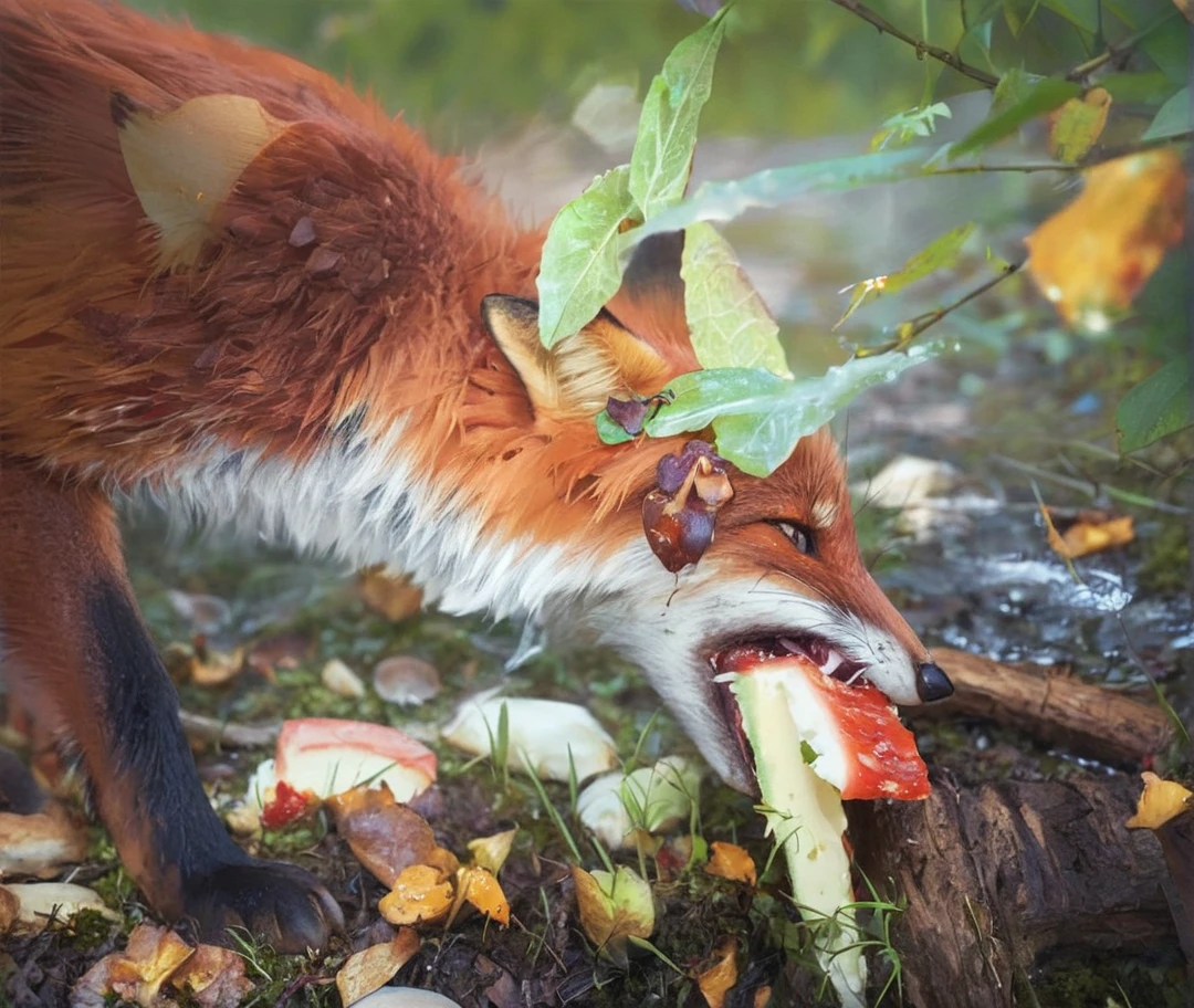 there is a fox eating a mushroom in the forest, Sharp fox - teeth, fox animals, extremely realistic, Red fox, by Sebastian Vrancx, Fox tail, Fox carving art, playing with foxes, anthropomorphic zorro, Mutated wildlife, foxes, tonic the fox, an anthropomorphic zorro, having a sandwich, eating rotten fruit