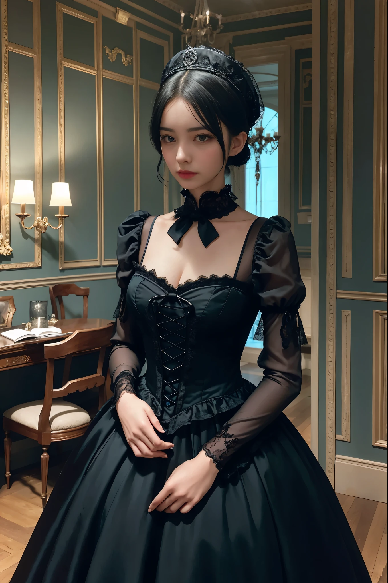 A striking Gothic-inspired scene features a woman wearing a cyan and black lace dress with a high collar, accentuating her ethereal beauty. Her hair is styled in an elegant yet dark manner, adorned with a delicate black headpiece. The background showcases a dimly lit, Victorian-style room, with dark wooden furniture, candelabras, and a mysterious, almost haunting aura.