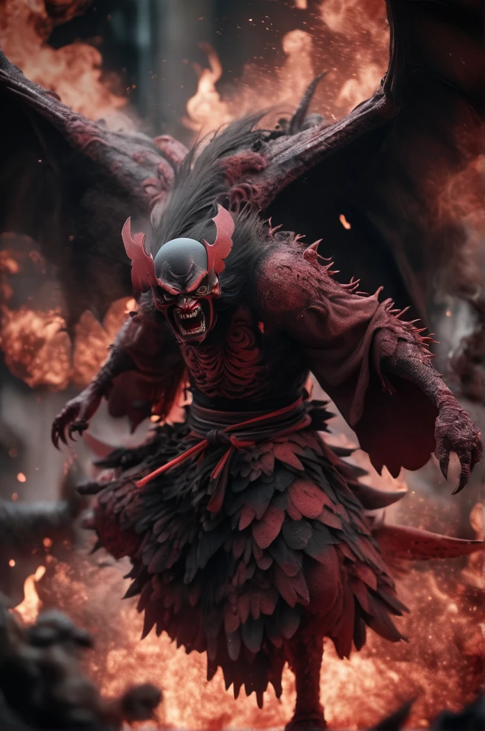 Horror-themed movie stills,Scary red-skinned male Tengu, (Full body portrait:1.3), (Detailed monstrous evil face:1.4), shout, Large, bat-like wings, (Detailed scaly skin texture:1.2), Long curved corner, (In hell, Swirling Souls of Anguish, Rising Smoke:1.5), Black Spiky Armor,, Shallow depth of field, Vignette, Very detailed, High budget, Bokeh, CinemaScope, Sulky, amazing, nice, Film Grain, granular . Creepy, Anxious, dark, Creepyな, Suspenseful, strict, Very detailed