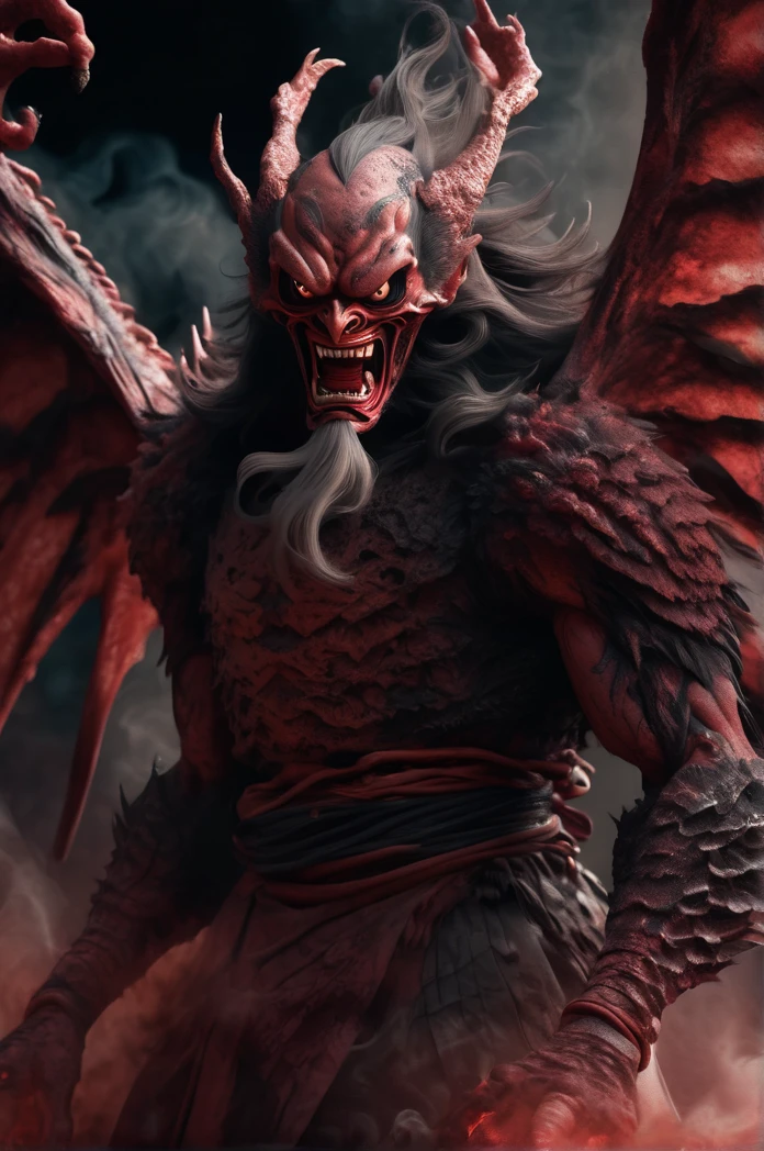 Horror-themed movie stills,Scary red-skinned male Tengu, (Full body portrait:1.3), (Detailed monstrous evil face:1.4), shout, Large, bat-like wings, (Detailed scaly skin texture:1.2), Long curved corner, (In hell, Swirling Souls of Anguish, Rising Smoke:1.5), Black Spiky Armor,, Shallow depth of field, Vignette, Very detailed, High budget, Bokeh, CinemaScope, Sulky, amazing, nice, Film Grain, granular . Creepy, Anxious, dark, Creepyな, Suspenseful, strict, Very detailed