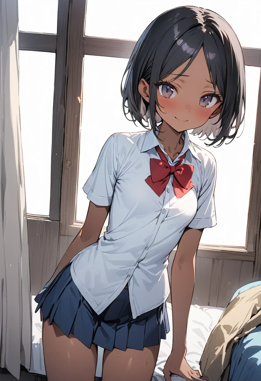 ((masterpiece,Highest quality:1.3,best quality illustration)),cowboy shot,独奏,1woman,18 year old beauty、black hair,short bob hair,(center parted bangs),black eyes,(gorgeous eyes),((very small head:1.3)),shy,smile,((slender body,skinny)),tan skin,small breasts,(Collared short-sleeved shirt、red bowtie,Navy blue pleated mini skirt),gleaming skin,oily skin,slender body, Simple bed、Simple bedroom、Tokyo、