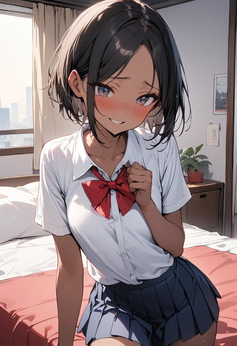 ((masterpiece,Highest quality:1.3,best quality illustration)),cowboy shot,独奏,1woman,18 year old beauty、black hair,short bob hair,(center parted bangs),black eyes,(gorgeous eyes),((very small head:1.3)),shy,smile,((slender body,skinny)),tan skin,small breasts,(Collared short-sleeved shirt、red bowtie,Navy blue pleated mini skirt),gleaming skin,oily skin,slender body, Simple bed、Simple bedroom、Tokyo、