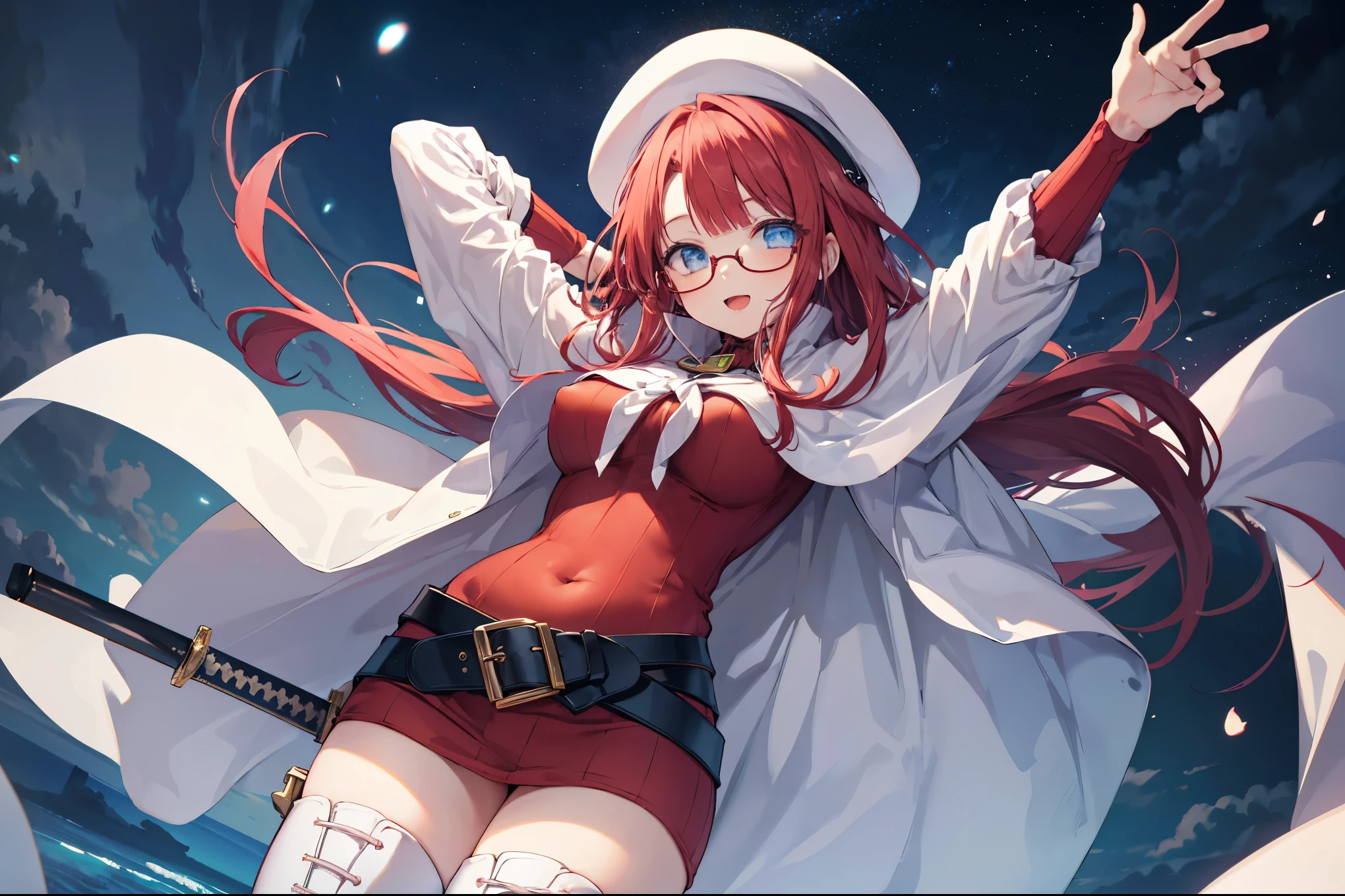 summonnightaty, aty, (young:1.3),long hair, blue eyes, red hair, big_tits, hat, glasses,
BREAK long hair, thighhighs, hat, dress, naked_legs, glasses, belt, cape, sweater, zettai ryouiki, beret, thigh boots, white footwear, ribbed sweater, loose belt,solo,
BREAK outdoors, fantasy,
,Highquality_hads,perfect_fingers,
BREAK (masterpiece:1.2), best quality, high resolution, unity 8k wallpaper, (illustration:0.8), (beautiful detailed eyes:1.6), extremely detailed face, perfect lighting, extremely detailed CG, (perfect hands, perfect anatomy),covered_nipples,covered_navel ,half_eyes,long_sword,sleepy_eyes,red_sweater,apart_knees,magical_effect,spread_legs, have_a_book,teacher,rise_knee,Smile,rise_hand,look_down_viewer,spread_arms,,looking_into,plump,open_mouth, dynamic_posing,solo,in_Emodern_town_landscape,night_sky,solo