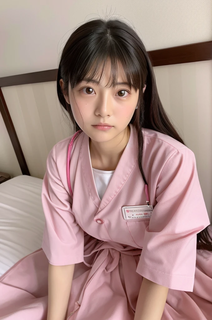 ((highest quality, masterpiece :1.3)), Photorealistic、Ultra-high resolution、Natural skin texture、Hyperrealism、Reflection from the waist up、Beautiful Japanese girl in her early teens、One girl、Pink nurse uniform、Lying in bed、Frightened expression、Tears flowing
