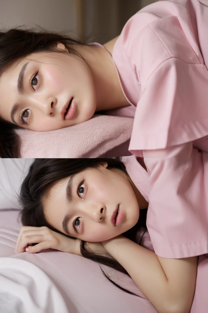 ((highest quality, masterpiece :1.3)), Photorealistic、Ultra-high resolution、Natural skin texture、Hyperrealism、Reflection from the waist up、Beautiful Japanese girl in her early s、One girl、Pink nurse uniform、Lying in bed、Frightened expression、Tears flowing
