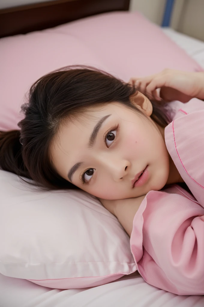 masterpiece, top-quality、Raw foto, Photorealsitic、1womanl、12year old、bedroom、Pink pajamas、Lying in bed、unbelievable Ridiculous、depth of fields, hight resolution, ultra-detailliert, sharp focus, Cinematic lighting