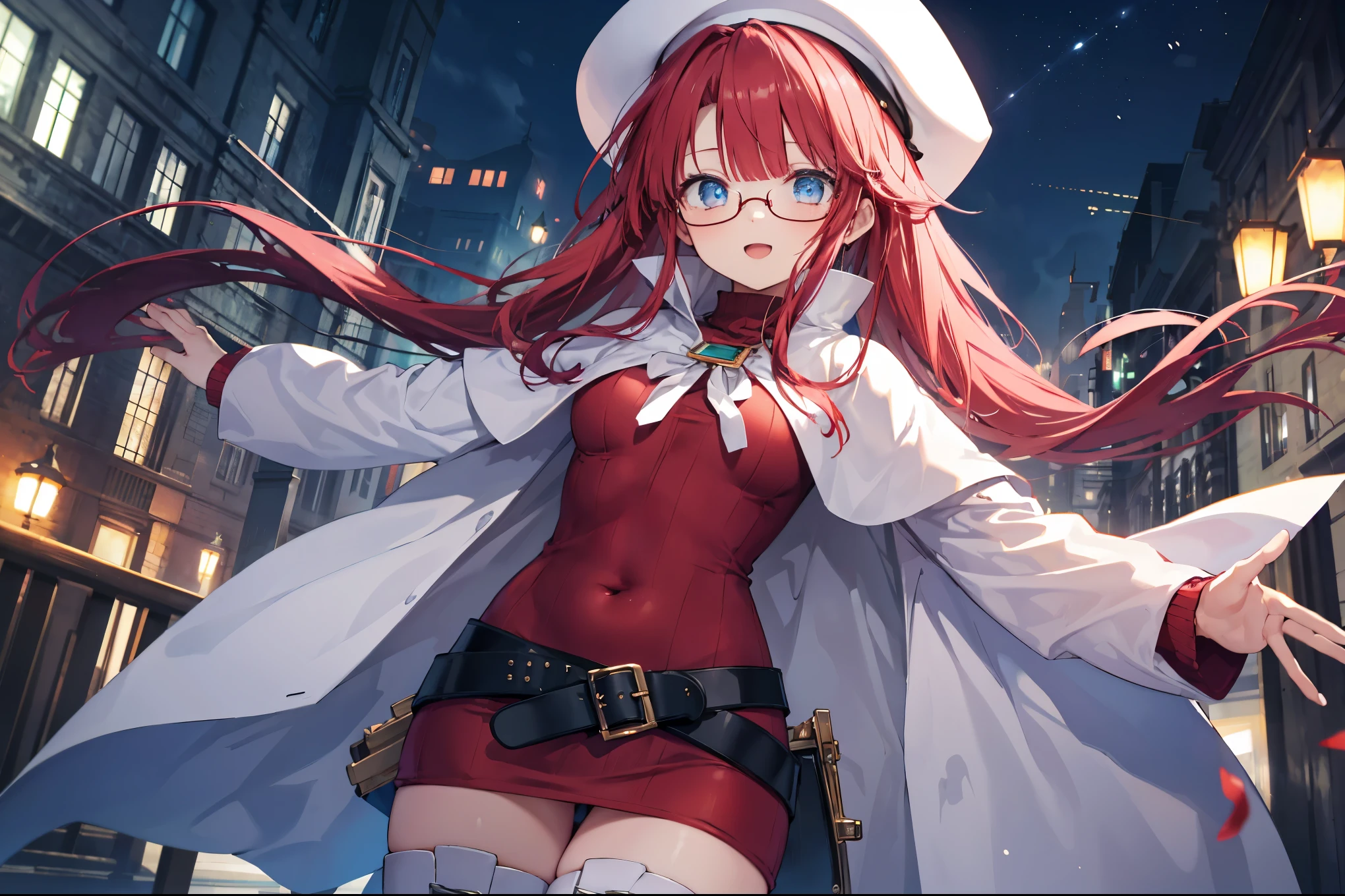 summonnightaty, aty, (young:1.3),long hair, blue eyes, red hair, big_tits, hat, glasses,
BREAK long hair, thighhighs, hat, dress, naked_legs, glasses, belt, cape, sweater, zettai ryouiki, beret, thigh boots, white footwear, ribbed sweater, loose belt,solo,
BREAK outdoors, fantasy,
,Highquality_hads,perfect_fingers,
BREAK (masterpiece:1.2), best quality, high resolution, unity 8k wallpaper, (illustration:0.8), (beautiful detailed eyes:1.6), extremely detailed face, perfect lighting, extremely detailed CG, (perfect hands, perfect anatomy),covered_nipples,covered_navel ,half_eyes,long_sword,sleepy_eyes,red_sweater,apart_knees,magical_effect,spread_legs, have_a_book,teacher,rise_knee,Smile,rise_hand,look_down_viewer,spread_arms,,looking_into,plump,open_mouth, dynamic_posing,solo,in_Emodern_town_landscape,night_sky,solo