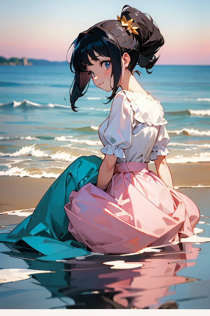 masterpiece, best quality, ultra detailed, outdoors, nature ,Crystal-clear sea against a blue sky with white clouds, seaside serenity, Breezy Beach , {simple background} ,reflective water, a girl, idol, happy, smiling, sitting on the floor, looking away ,medium twintail, black hair, {{curly}}, black hair, odd eyes, droopy eyes, pale skin, beautiful breasts, {{{pink Lolita Costume}}}, {mini-skirt}  , at noon, nostalgic atmosphere, cel anime, full body shot, on right, from behind, golden ratio, golden hour, directional light, in focus with blurred background, dark_pink