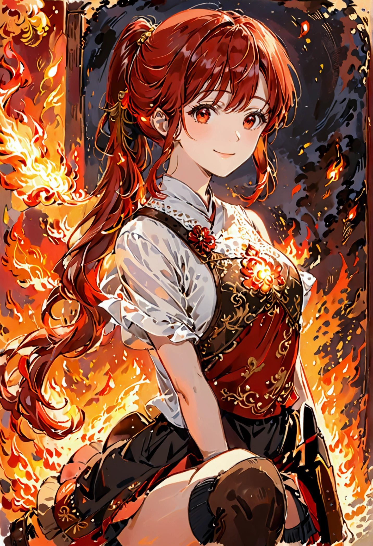 20 years old, long red hair, wears a ponytail, red eyes, always smiling. She dresses in an antique style, wearing a short brown skirt with black shorts underneath, ending above the knees. She wears knee-high brown boots. Her white blouse is sleeveless and features red details. She possesses fire powers and has a fire-themed background."