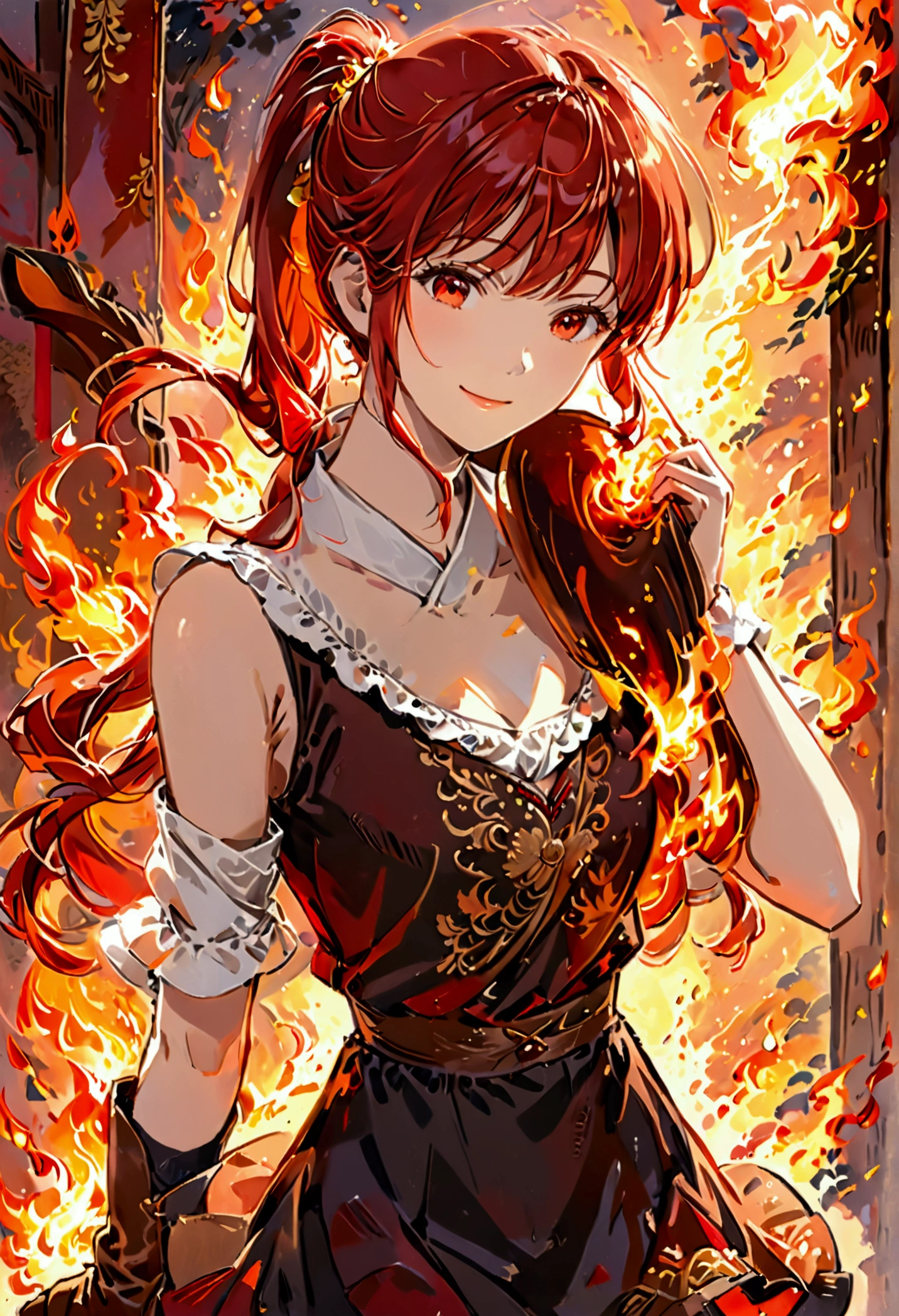 20 years old, long red hair, wears a ponytail, red eyes, always smiling. She dresses in an antique style, wearing a short brown skirt with black shorts underneath, ending above the knees. She wears knee-high brown boots. Her white blouse is sleeveless and features red details. She possesses fire powers and has a fire-themed background."