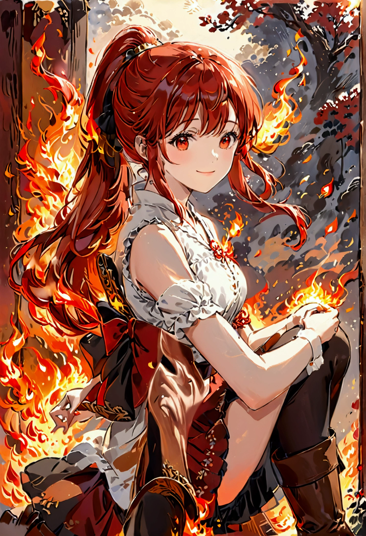 20 years old, long red hair, wears a ponytail, red eyes, always smiling. She dresses in an antique style, wearing a short brown skirt with black shorts underneath, ending above the knees. She wears knee-high brown boots. Her white blouse is sleeveless and features red details. She possesses fire powers and has a fire-themed background."