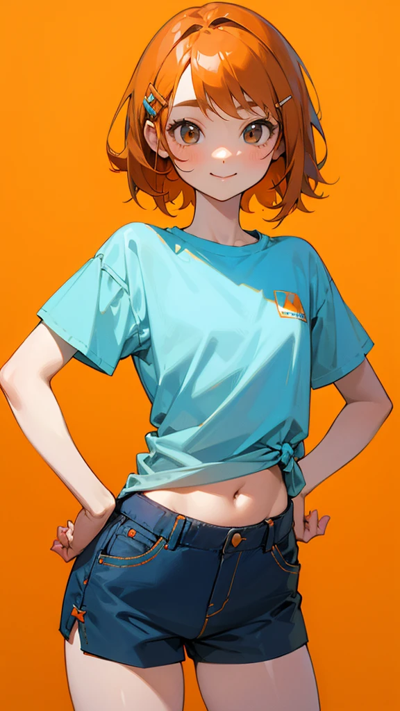 1 girl、Cowboy Shot、Simple T-shirt、Light Blue Medium Hair、Beautiful brown eyes、Orange Hair Clip、Flat Chest、smile、Please put your hands on your hips、Shorts